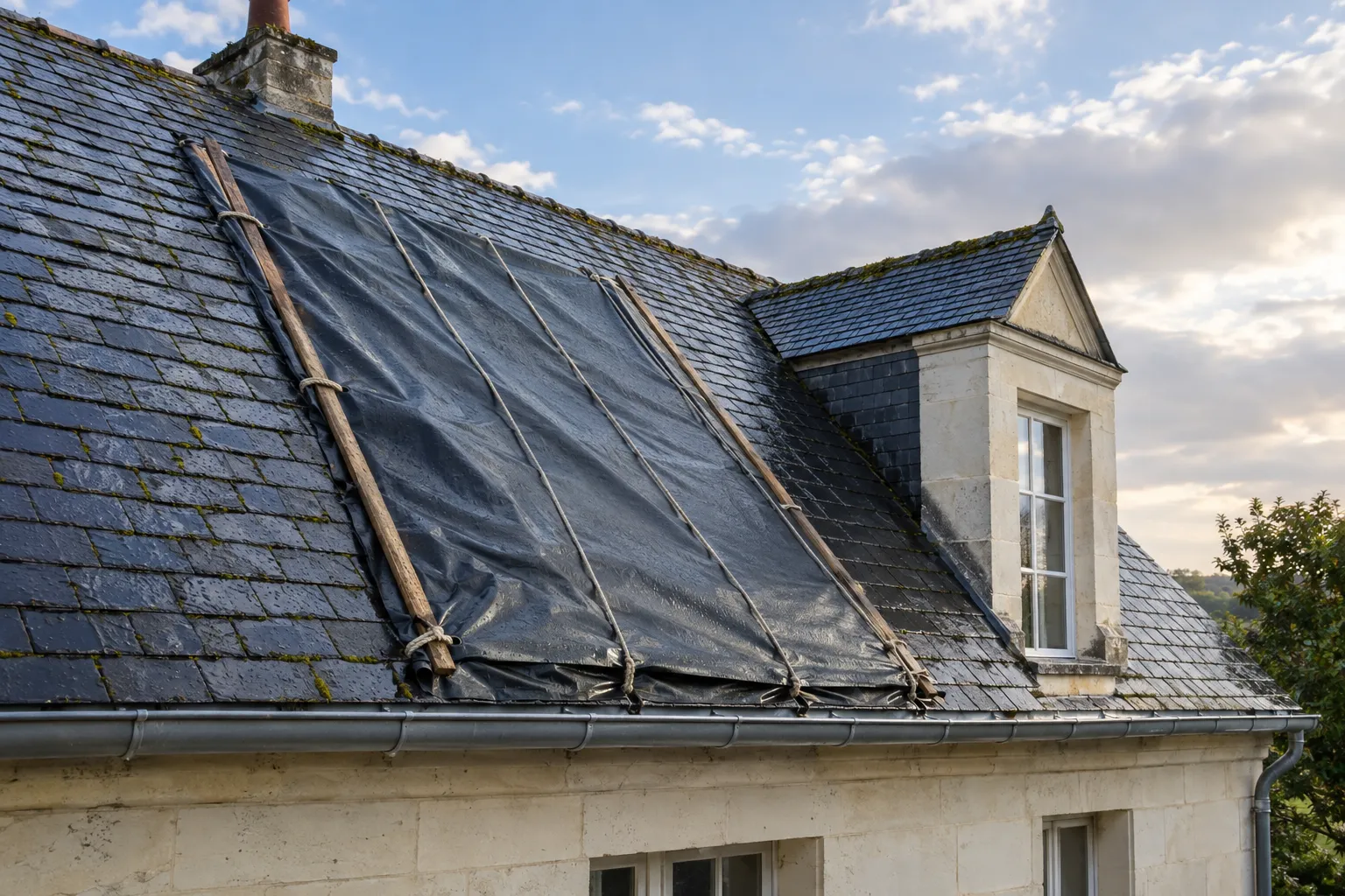 Illustration : bâche de protection tendue sur une toiture en ardoise après une fuite
